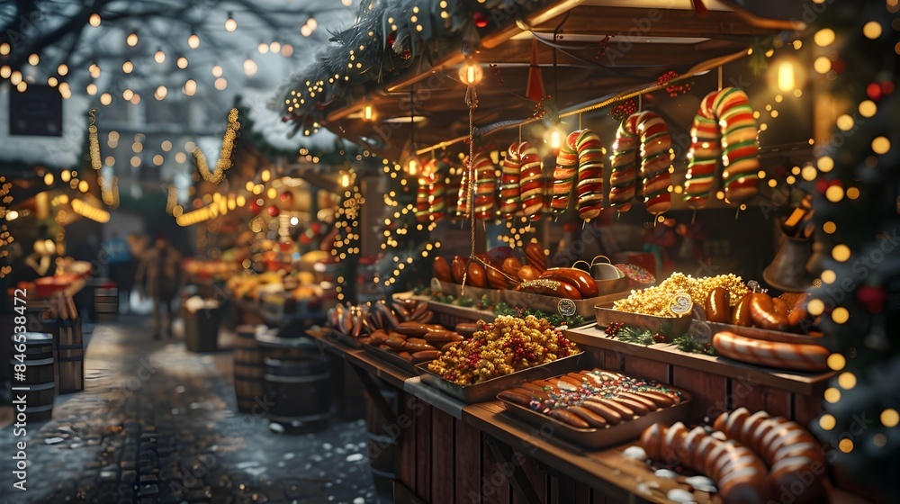 Festive Christmas Market with Food Stalls and Hanging Sausages Popcorn Garlands Festive Christmas Market with Food Stalls and Hanging Sausages Popcorn Garlands