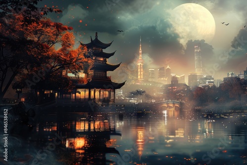At night, pagodas and pavilions in the city, illustrations