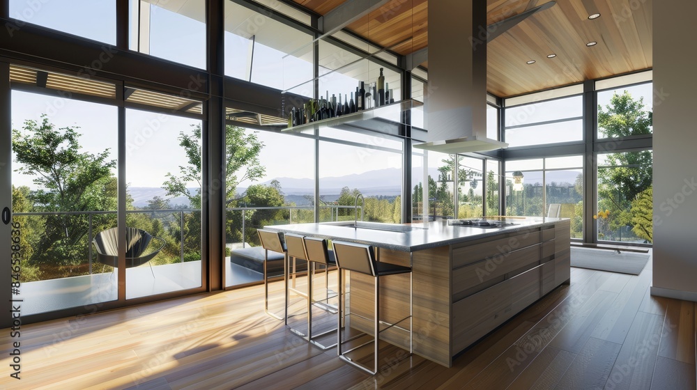 Modern home kitchen interior with bar island and sink, panoramic window Modern home kitchen interior with bar island and sink, panoramic window