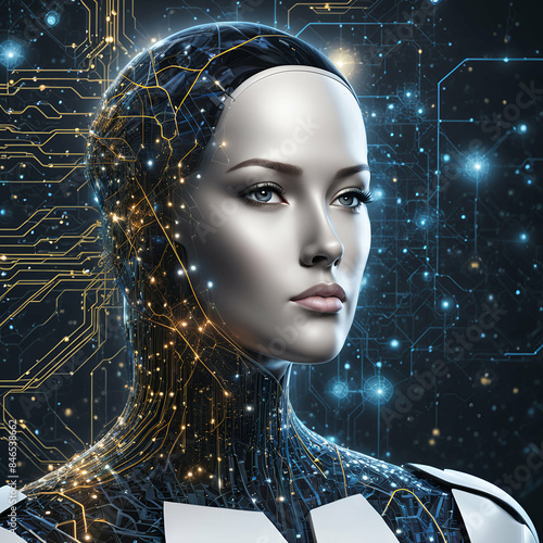 human head portrait with circuit artificial intelligence machine. generative AI © zuravagansa