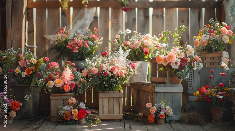 Naklejka premium Dreamy Rustic Countryside Ambiance for Enchanting Woodland Wedding Decor