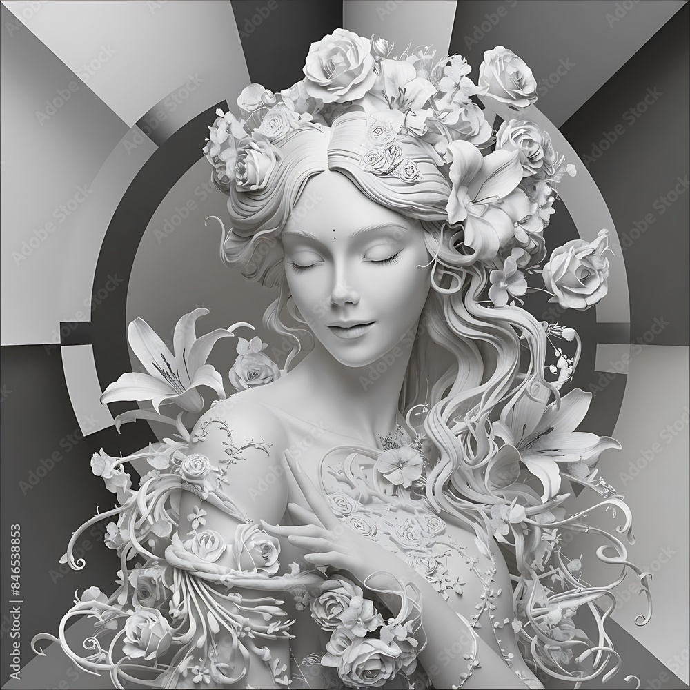 Black and White Beautiful Line Art Floral Woman Black and White Beautiful Line Art Floral Woman