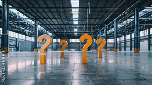 Orange question marks in a large, industrial warehouse, metallic floor reflecting light,