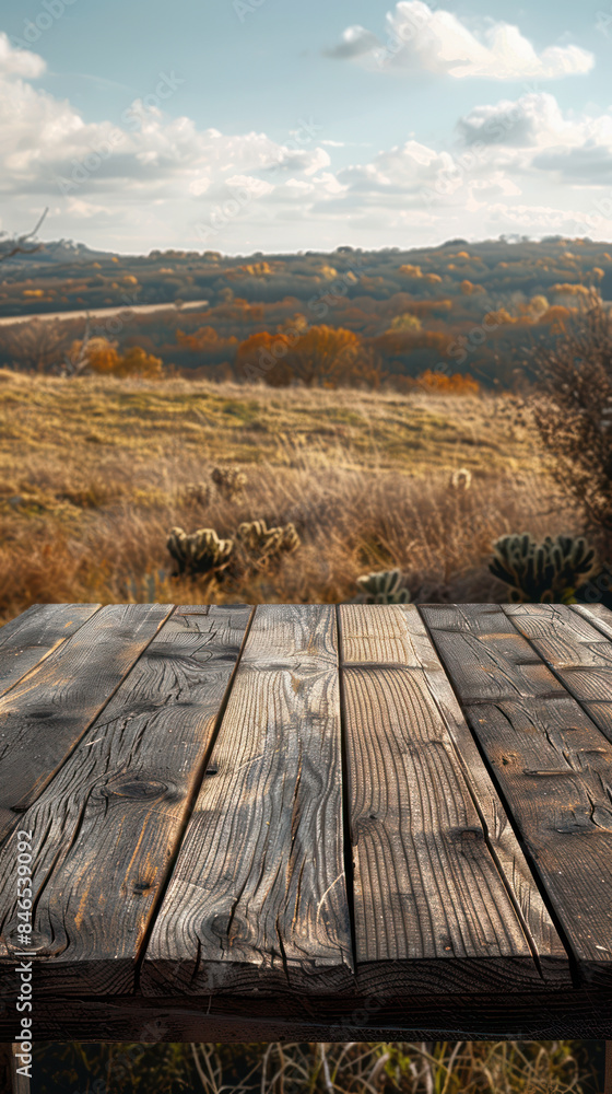 Obraz premium Majestic Outdoor Landscape with a Rustic Wooden Table Overlooking a Serene Countryside During Autumn with Rolling Hills and Vast Open Sky