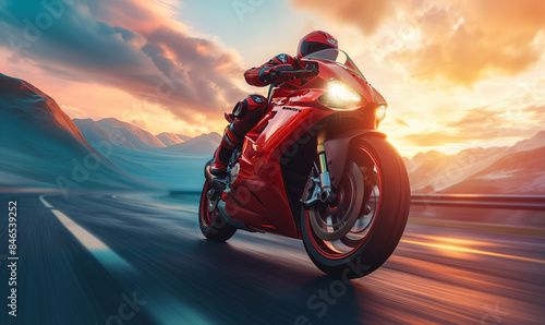 A motorcyclist in a protective red leather suit and helmet rides a sports motorcycle. A biker rides along the road against the backdrop of sunset. photo