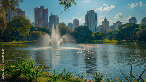 Lake with fountain, park setting, tall buildings