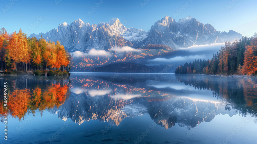 Obraz premium Lake with mountains in background, sunset sky