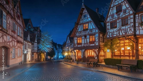 view of half-timbered houses in Kirschgarten, Mainz, Rhineland-Palatinate, Germany, at night. Seamless 4K looping virtual video animation background. photo