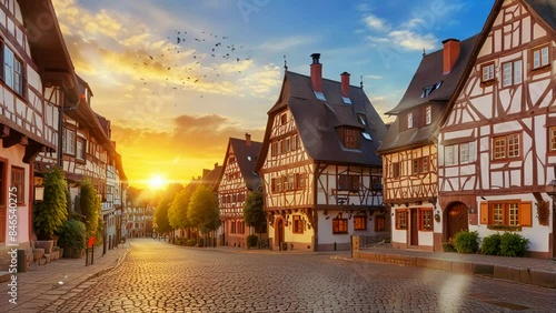 view of half-timbered houses in Kirschgarten, Mainz, Rhineland-Palatinate, Germany, in afternoon. Seamless 4K looping virtual video animation background. photo