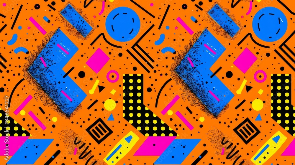Abstract doodle pattern with colorful shapes and lines on an orange background. Playful and artistic seamless pattern concept. Abstract doodle pattern with colorful shapes and lines on an orange background. Playful and artistic seamless pattern concept.