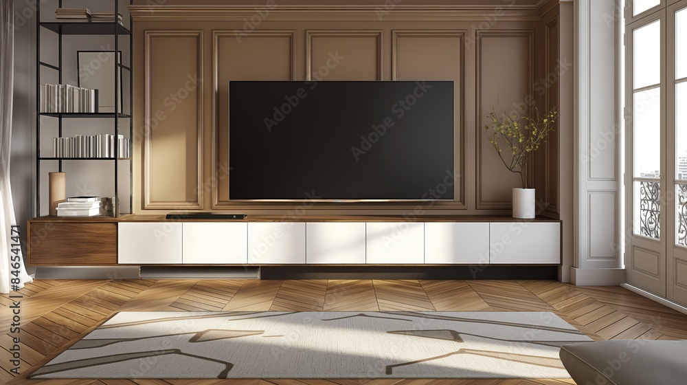 Living room with a modern TV on a wood-paneled wall, bookshelves, and a large window, bright interior, home entertainment concept. Generative AI Living room with a modern TV on a wood-paneled wall, bookshelves, and a large window, bright interior, home entertainment concept. Generative AI