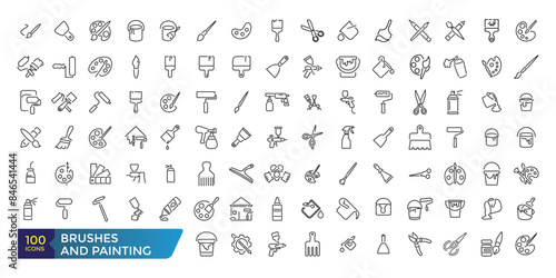 Brushes and Painting icon set. Related to Spray, Color palette, Paint Bucket and more. Collection and pack of linear web and ui icons. Editable stroke. Vector illustration