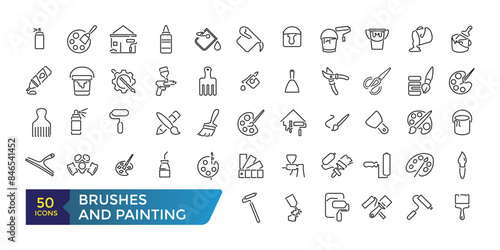 Brushes and Painting icon set. Related to Spray, Color palette, Paint Bucket and more. Collection and pack of linear web and ui icons. Editable stroke. Vector illustration