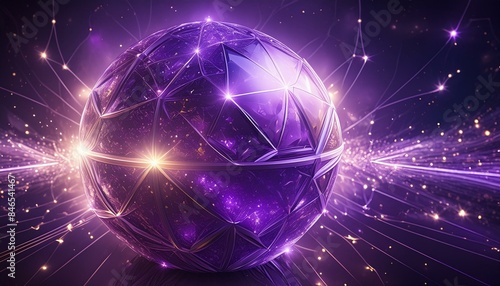 Magic abstract crystal purple energy sphere ball with particles and glowing lines on dark background