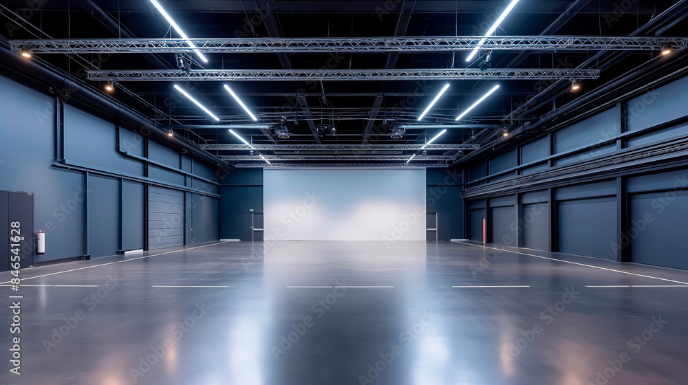 Large empty room with dark walls and bright lighting, featuring a blank white wall on one side. Concept of an art gallery or exhibition space. Generative AI Large empty room with dark walls and bright lighting, featuring a blank white wall on one side. Concept of an art gallery or exhibition space. Generative AI