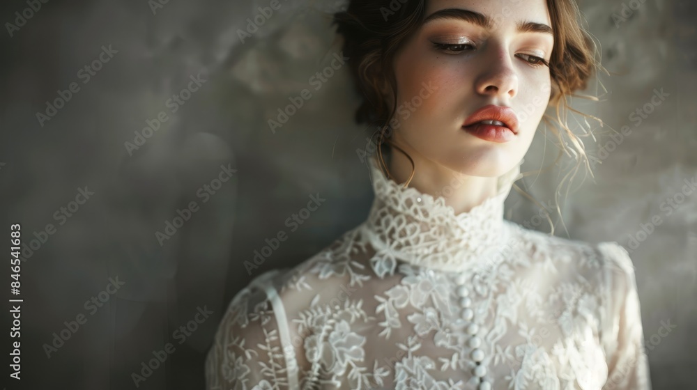 Close-up of a bride in a lace wedding dress, with soft makeup and a serene expression, capturing the elegance and grace of a wedding moment. Close-up of a bride in a lace wedding dress, with soft makeup and a serene expression, capturing the elegance and grace of a wedding moment.