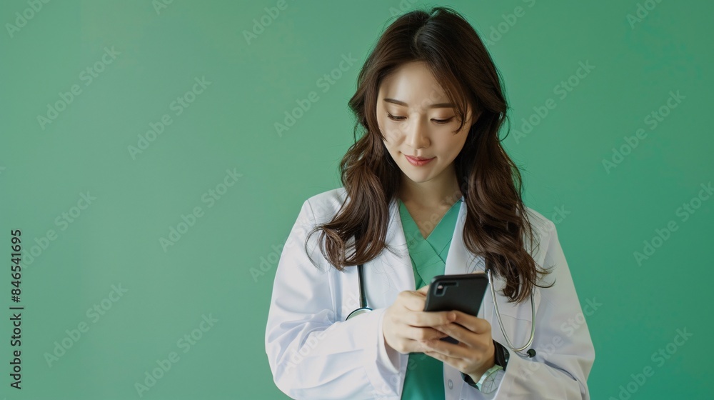 A beautiful Korean female doctor in a white coat examining her phone against a green background A beautiful Korean female doctor in a white coat examining her phone against a green background