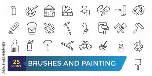 Brushes and Painting icon set. Related to Spray, Color palette, Paint Bucket and more. Collection and pack of linear web and ui icons. Editable stroke. Vector illustration