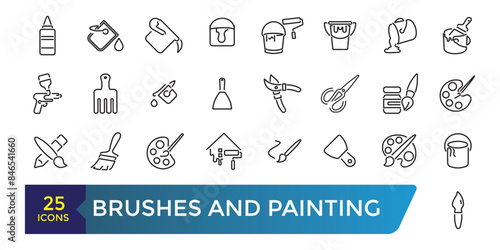 Brushes and Painting icon set. Related to Spray, Color palette, Paint Bucket and more. Collection and pack of linear web and ui icons. Editable stroke. Vector illustration