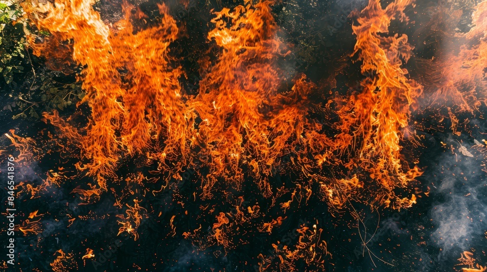 Dramatic scene of intense flames engulfing an area, depicting the raw power and danger of a raging wildfire. Dramatic scene of intense flames engulfing an area, depicting the raw power and danger of a raging wildfire.