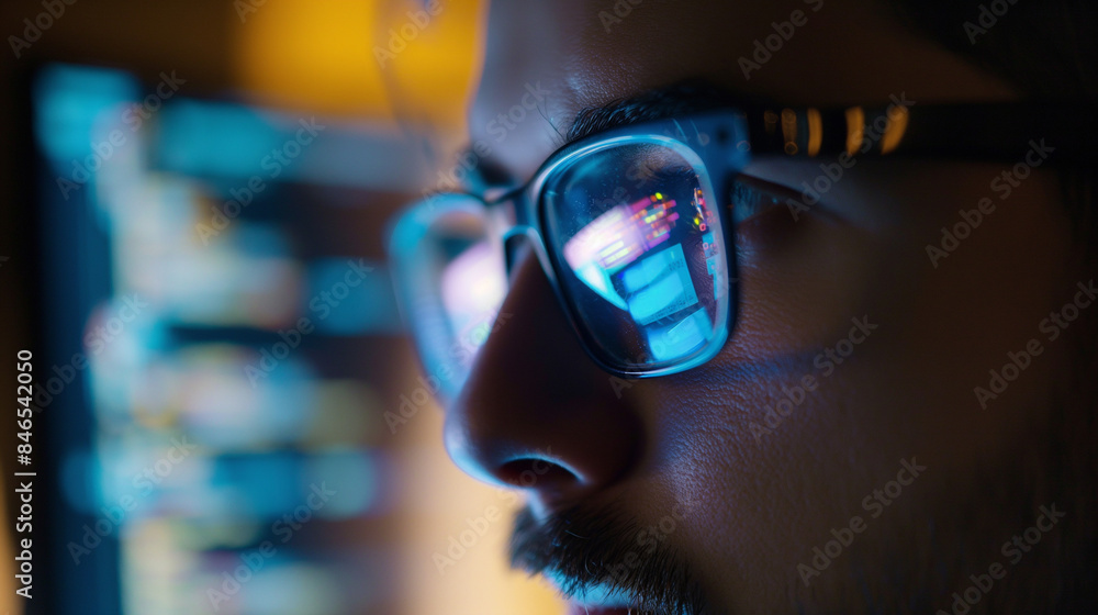 Close-Up Portrait of Software Engineer Developing e-Commerce Application Using Machine Learning and AI Algorithms with Code Reflecting in Glasses Close-Up Portrait of Software Engineer Developing e-Commerce Application Using Machine Learning and AI Algorithms with Code Reflecting in Glasses