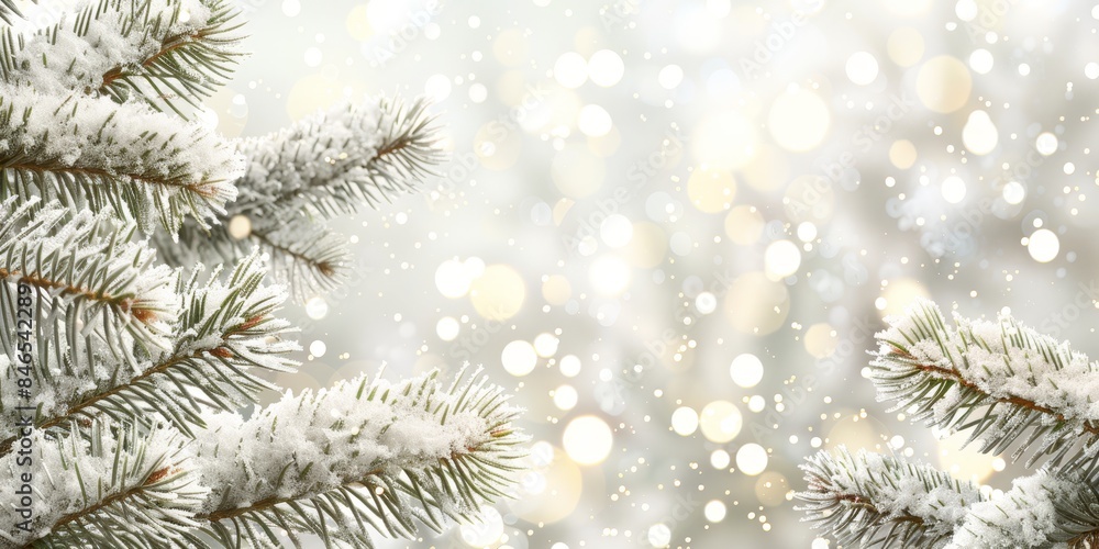 Snowy pine branches with frost and falling snowflakes, creating a serene and tranquil winter scene. Snowy pine branches with frost and falling snowflakes, creating a serene and tranquil winter scene.