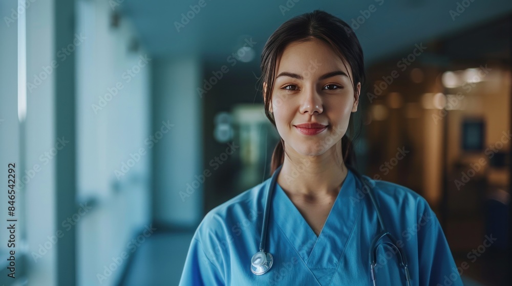 A straight-faced nurse stands and smiles, looking at the camera. A straight-faced nurse stands and smiles, looking at the camera.