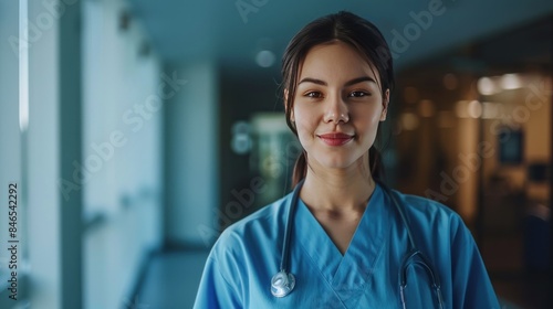 A straight-faced nurse stands and smiles, looking at the camera.