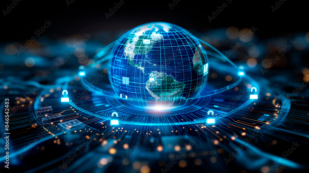 World Internet Security Digital globe with cybersecurity elements, conceptual graphic style ...