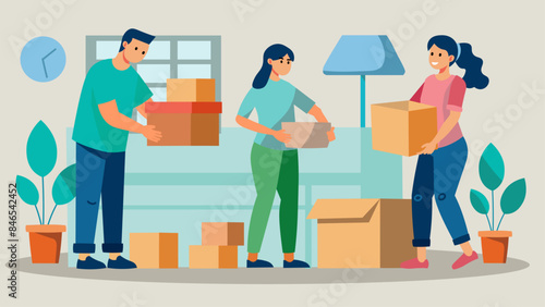 Families packing unpacking boxes, placing furniture and other home items.Move to new home.