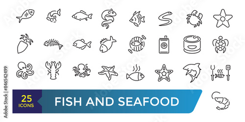 Fish and seafood icon set. Collection and pack of linear web and ui icons. Editable stroke. Vector illustration