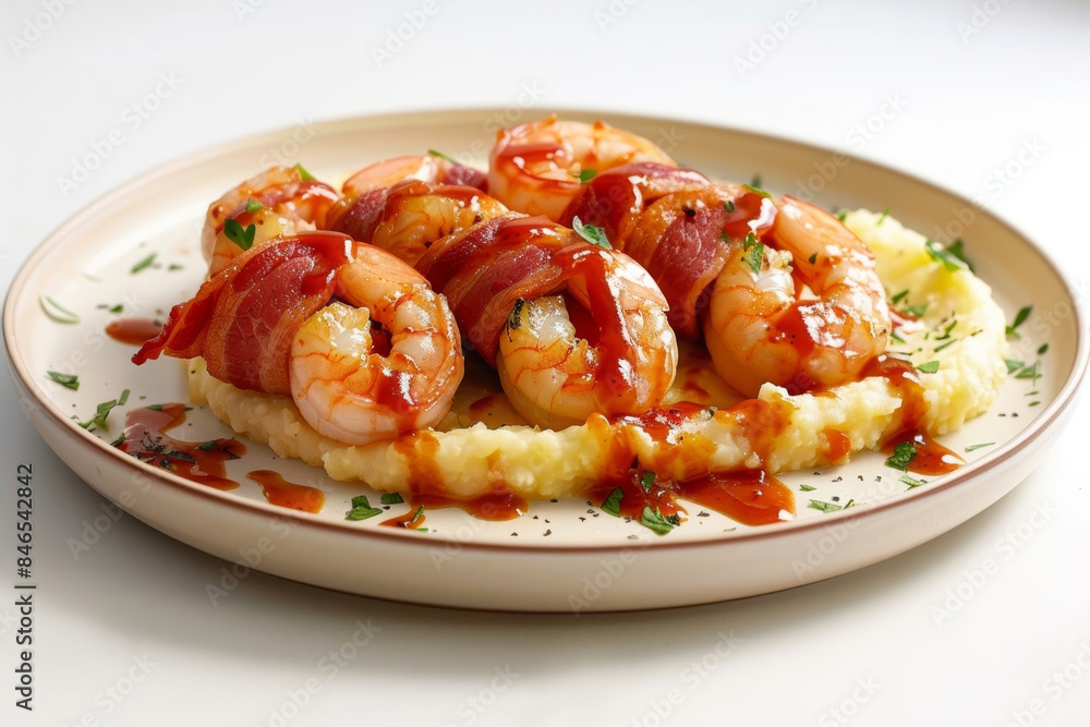 BBQ Bacon-Wrapped Shrimp on a Bed of Creamy Garlic Polenta BBQ Bacon-Wrapped Shrimp on a Bed of Creamy Garlic Polenta