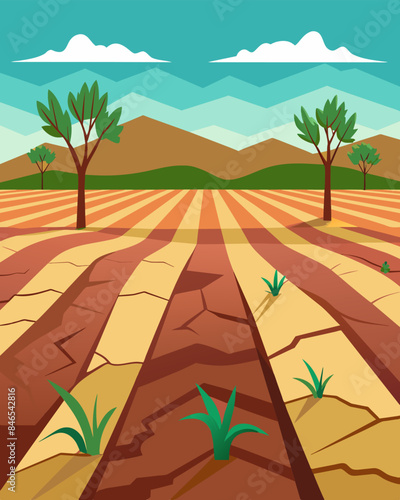 The fields that were once used for agriculture are now barren the soil depleted and contaminated by years of pesticide use.. Vector illustration