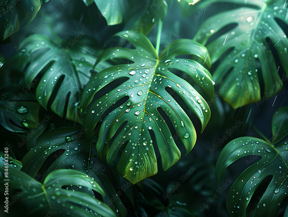Obraz premium close-up of green leaves, possibly from a banana plant, exhibiting a lush, tropical growth pattern.
