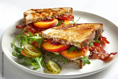 Yummy Multigrain Bacon and Peach Sandwich with Arugula