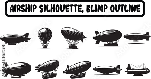 Black isolated silhouette Bundle on white background. Icon of side view of airship, Airship Silhouette Design