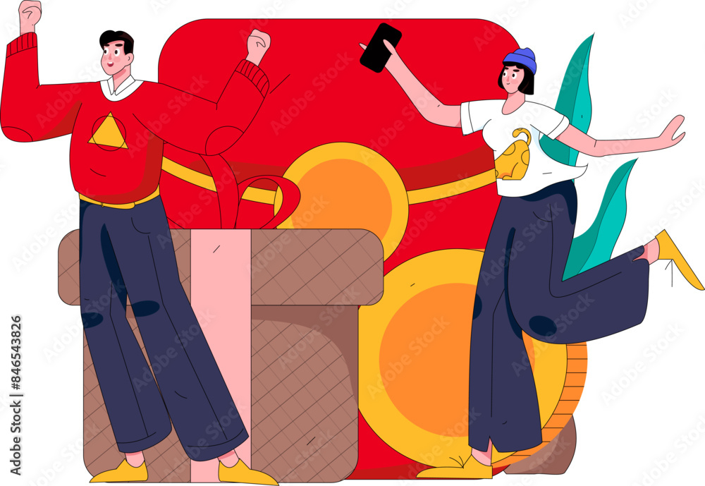 Fototapeta premium Holiday shopping people doing e-commerce online shopping flat vector concept operation hand drawn illustration 