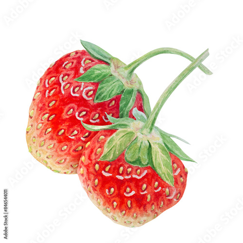 Red strawberry hand drawn watercolor illustration. Delicious food art, fresh botanical realistic painting. Summer sweet berry clipart for restaurant, cafe menu, packaging of farm goods, vegan products