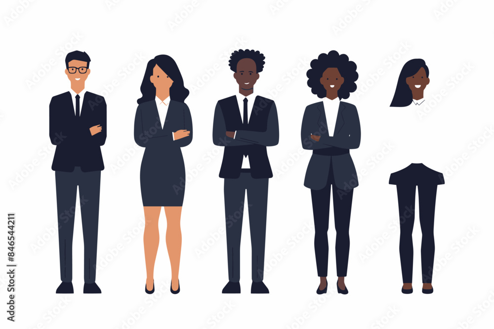 Fototapeta premium Silhouettes of diverse business people standing, men and women full length Inclusive business concept. Vector illustration isolated on white background