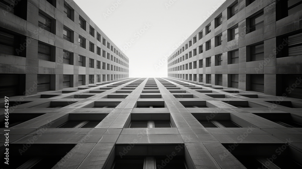 Monochromatic view of modern building facades forming a geometric tunnel against a light sky. Concept of urban architecture.  Generative AI