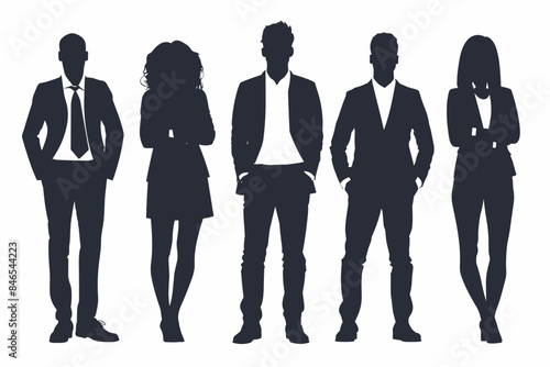 Silhouettes of diverse business people standing, men and women full length Inclusive business concept. Vector illustration isolated on white background