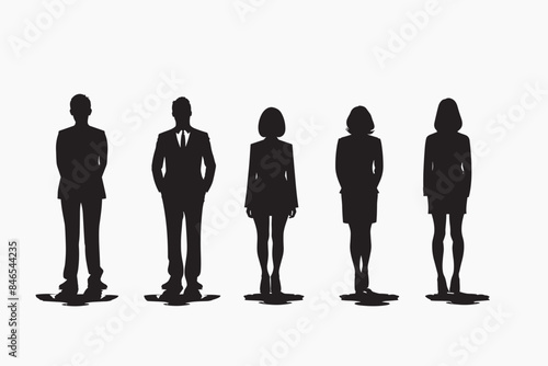 Silhouettes of diverse business people standing, men and women full length Inclusive business concept. Vector illustration isolated on white background