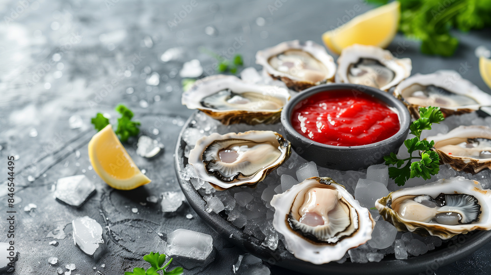 Elegant Presentation of Oysters on Ice with Cocktail Sauce and Lemon Elegant Presentation of Oysters on Ice with Cocktail Sauce and Lemon