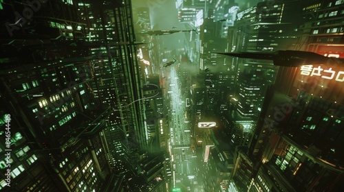 Immerse viewers in a cyberpunk nightmare with a high-tech android towering over the city, captured from a haunting, worms-eye perspective © ishootgood