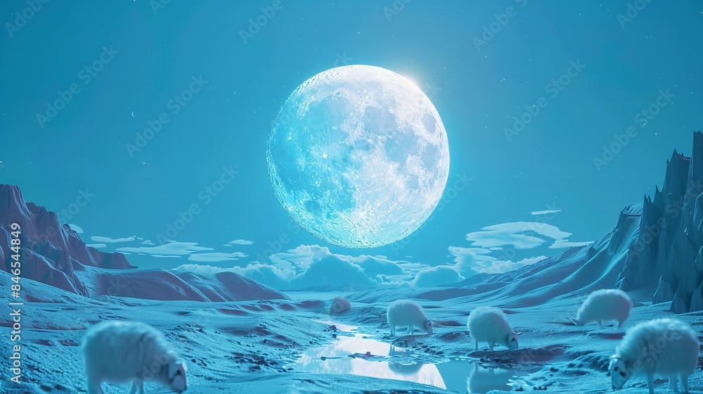 3d moon and sheep on blue background Eid Al Adha