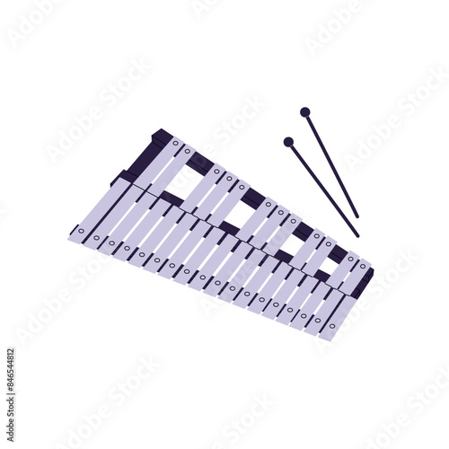 Glockenspiel or orchestra bells with drumsticks. Xylophone, metallophone play melody. Percussion music instrument for philharmonic performance. Flat isolated vector illustration on white background