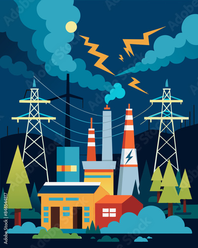 The excess energy being produced by a nearby power plant causes frequent blackouts as the grid struggles to handle the surplus of electricity.. Vector illustration