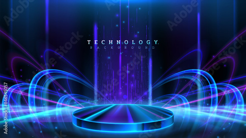 Futuristic Technology Background Featuring Neon Lights and Abstract Digital Elements, Perfect for Tech Presentations and Sci-Fi Themes. Includes a Podium for Showcasing Products. Vector Illustration.