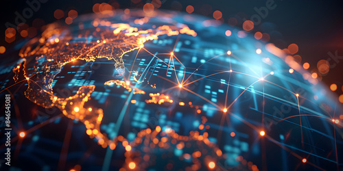 Earth globe map, telecommunication and data transfer networks with global internet and artificial intelligence connectivity for communication technology