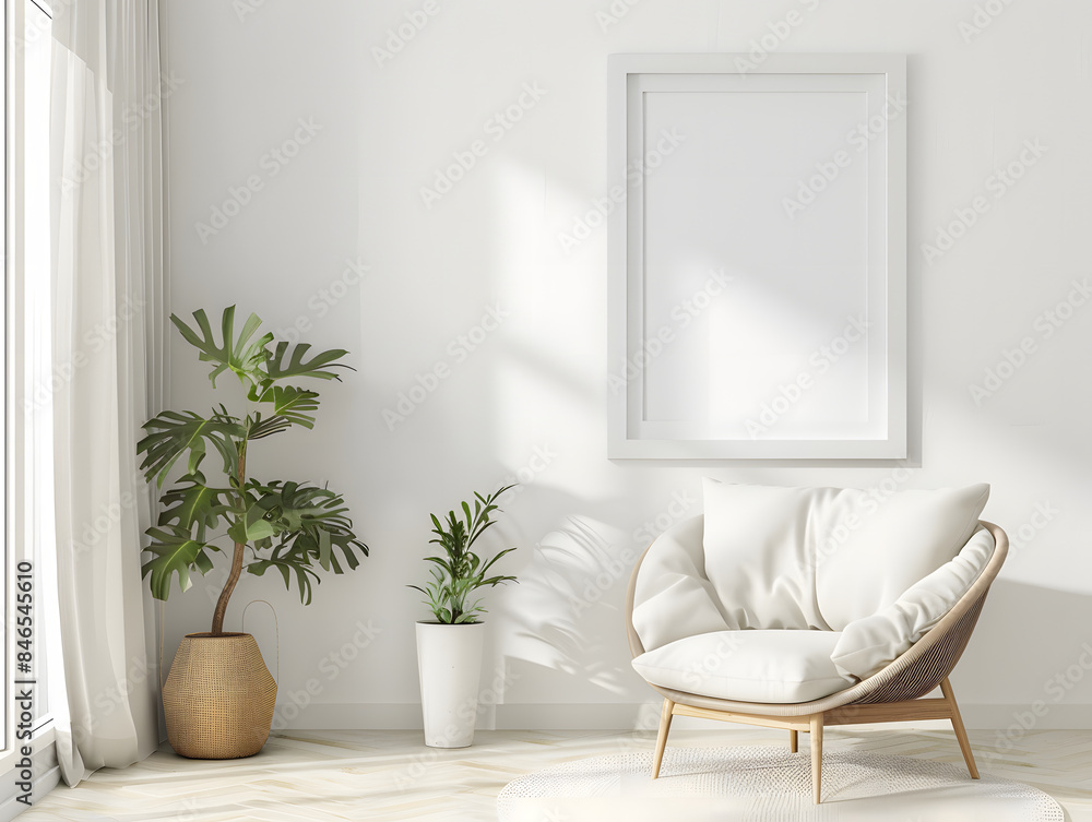 Living room with chair and blank frame mockup on the wall Living room with chair and blank frame mockup on the wall